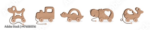 Children's toys for Children's Games and Entertainment set Wooden Hedgehog machine Hippo Whale Submarine Turtle Vector Illustration