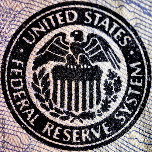 Federal reserve system seal with columns and a eagle illustration on the 50 dollar banknote