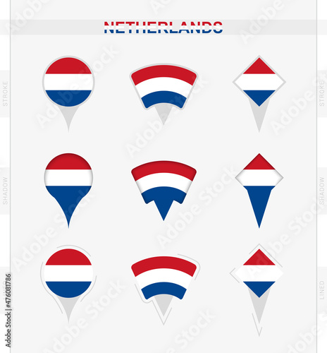 Netherlands flag, set of location pin icons of Netherlands flag.