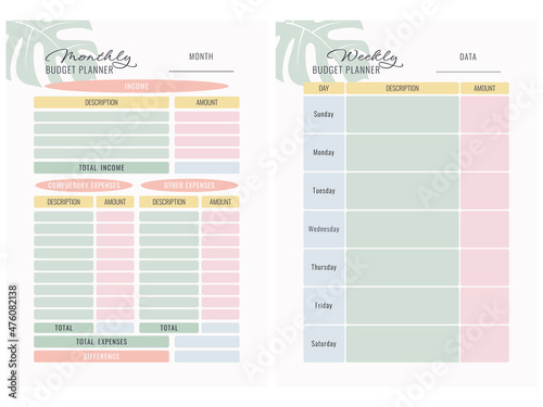 Monthly and weekly budget planner. Glider design. Vector illustration.