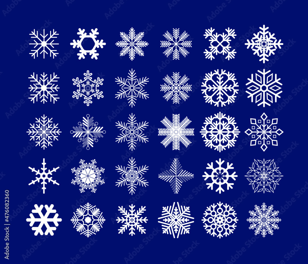 White snowflakes on a dark blue background. A set of snowflakes for every taste. Christmas stickers in the form of snowflakes. Desktop wallpaper.