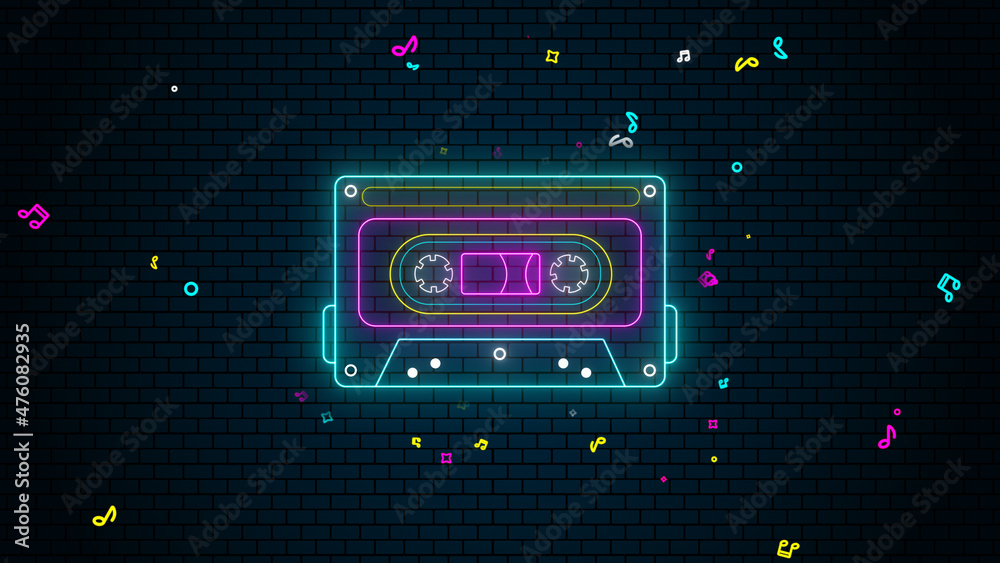 4k neon retro cassette tape colorful lights show,music notes flying and dark background,music concept and nostalgic background 4k neon retro cassette tape colorful lights show,music notes flying and dark background,music concept and nostalgic background