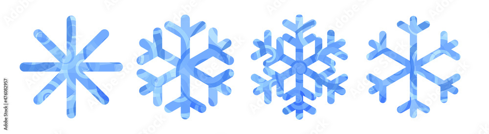 Set of blue snowflakes on a white background. Cartoon cold crystal. Winter symbol. New Year and Christmas sign. Vector illustration. Christmas and winter symbol. Set of blue snowflakes on a white background. Cartoon cold crystal. Winter symbol. New Year and Christmas sign. Vector illustration. Christmas and winter symbol.