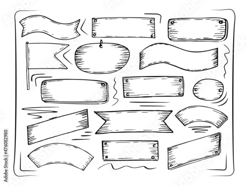 Wooden billboard collection with hand drawn or doodle style. Banner isolated on white background. Vector image.
