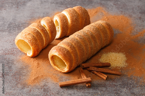 Trdelník Czech is a kind of spit cake it is made from rolled dough that is wrapped around a stick, then grilled and topped with sugar and cinnamon close up on the table. Horizontal