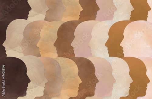 Group of diverse people with different skin tones making up a multicultural head photo