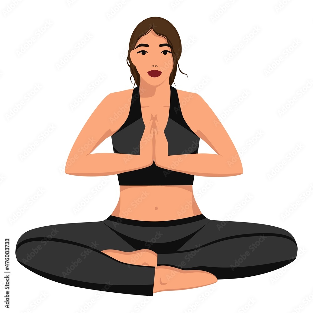 Yogi girl in lotus pose. Vector drawing. Graphic flat style. Close-up. For web design