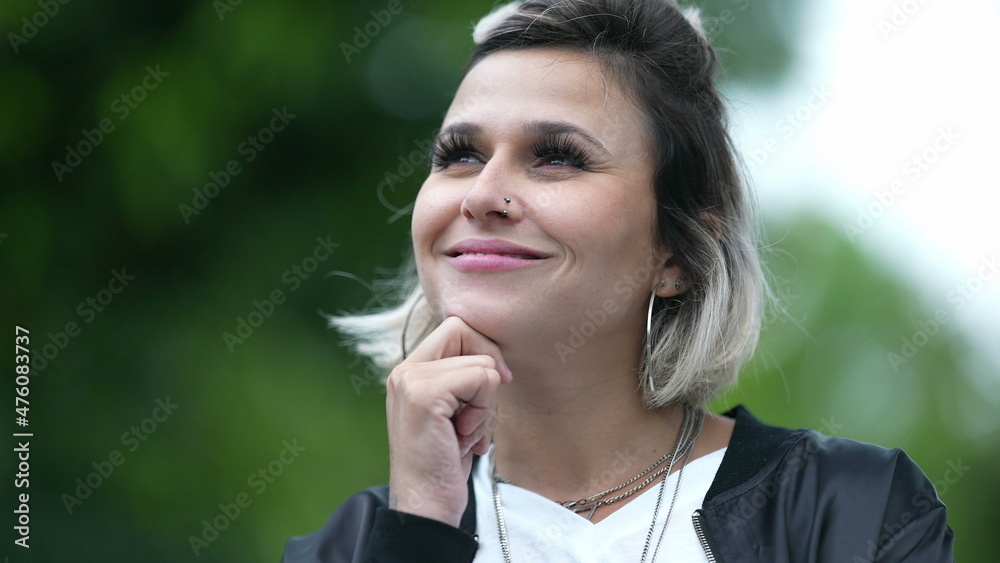Fototapeta premium Woman thinking deeply about solution, person wondering remembering problem