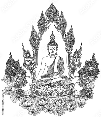 Tattoo art buddha thai design hand drawing and sketch