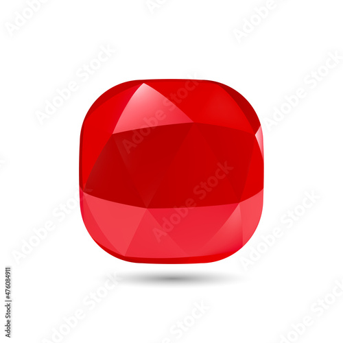 Low Poly Abstract Button, Shining Gemstone Design Element, Geometric Red Spherical Object with Shadow Effect on White Background
