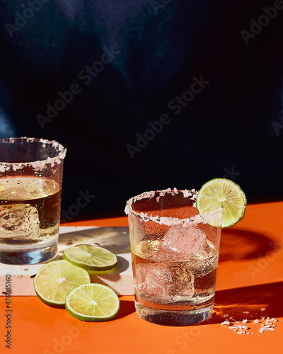 Tequila on ice with Salt Rim and Lime photo