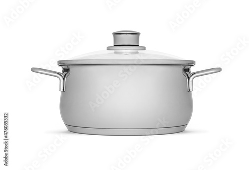 Stainless steel cooking pot with glass lid on white background, including clipping path. Modern kitchen utensils with thick bottom for electric, infrared, induction or gas stoves