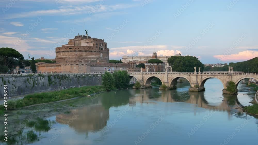 Scenic Castel Sant'Angelo and its bridge in Rome at the sunset. 4K, Wide shot Scenic Castel Sant'Angelo and its bridge in Rome at the sunset. 4K, Wide shot
