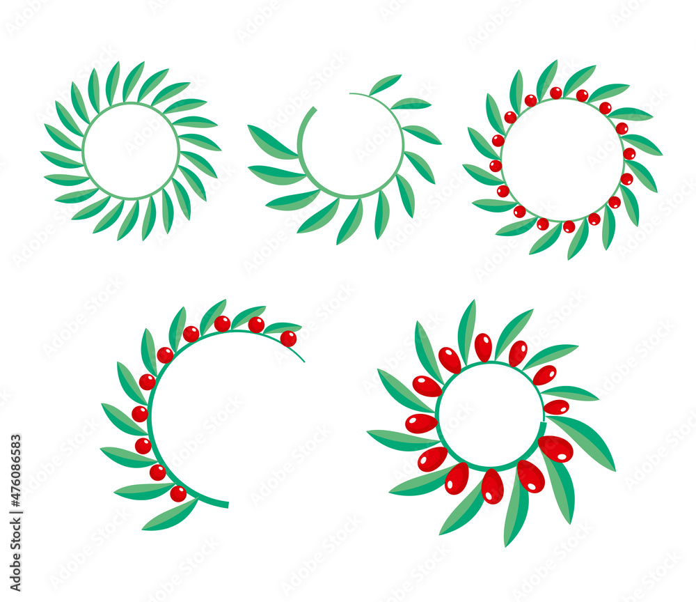 Green wreath with red berries on white background