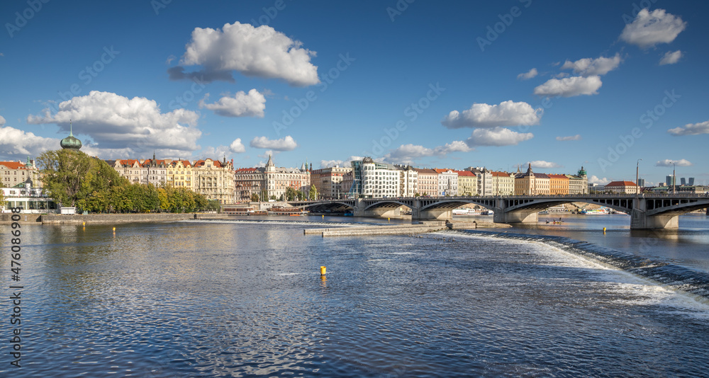river weir in the center of Prague on a sunny autumn day