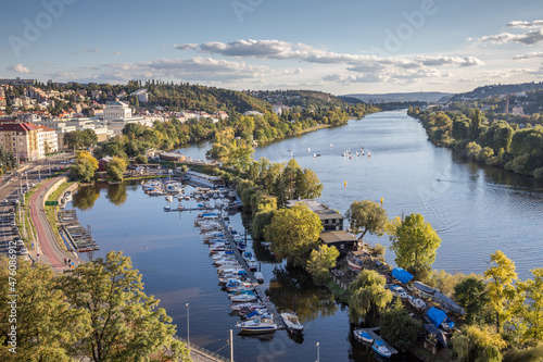 view of the river port with boats in the center of Prague © Ladislav_Zemanek