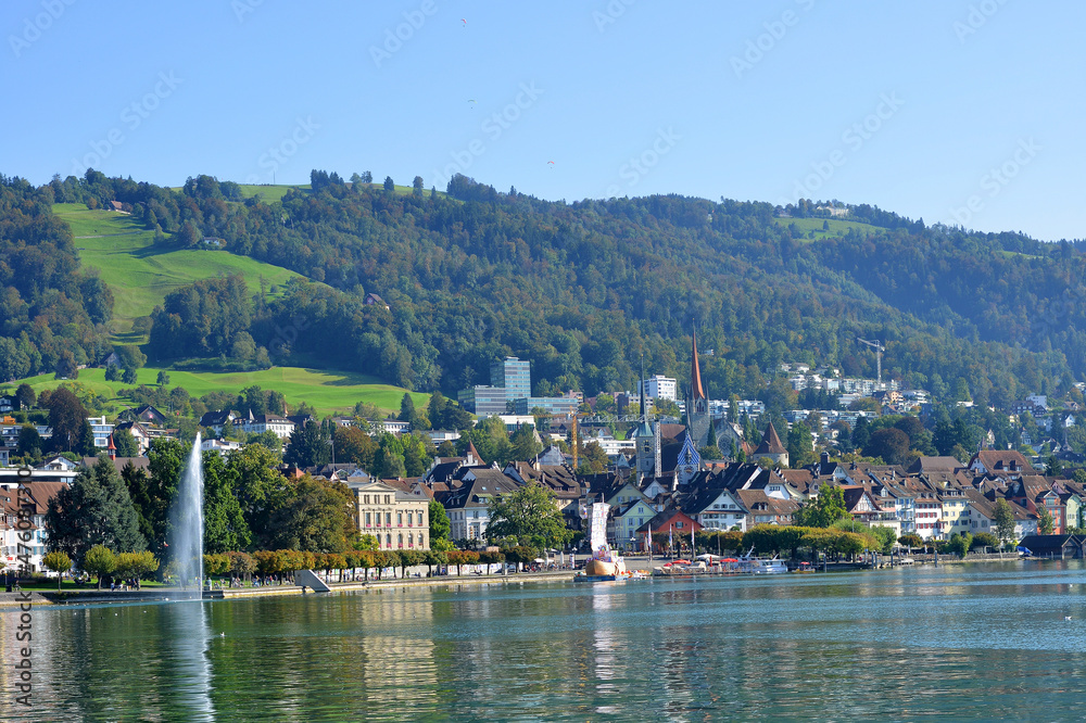 Fototapeta premium Zug, Switzerland 09-30-2016 town view over the Lake Zug