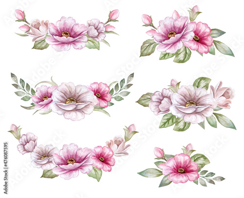 Set of pink flowers, roses floral frame, vignette isolated on white background. Bouquet of flower composition. Templates. Watercolor. Illustration. Hand drawing. Greeting card design. Clip art. © Yuliia