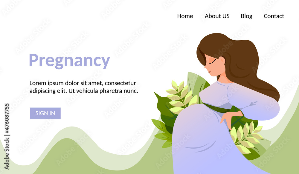 Banner of Happy Carefree Pregnancy. Cute Cartoon Future Mother is Sideways on Leaves Background. Vector Illustration. Banner of Happy Carefree Pregnancy. Cute Cartoon Future Mother is Sideways on Leaves Background. Vector Illustration.