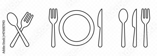 Table set icon. Fork, plate, knife and spoon. Table etiquette. Vector line icon for Business and Advertising