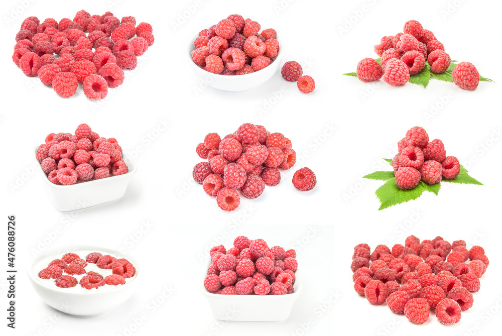 Set of raspberry fruit isolated on a white background cutout