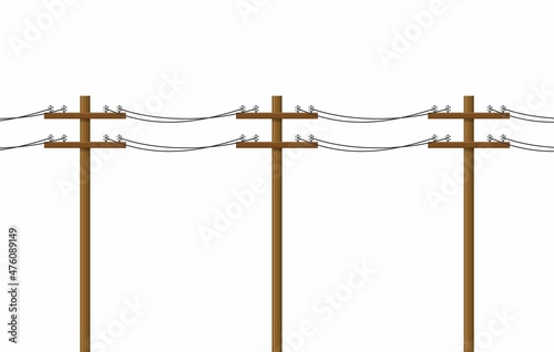 Electric pole isolated on white background. Wood power lines, Electric power transmission. Utility pole Electricity concept. High voltage wires, Vector illustration