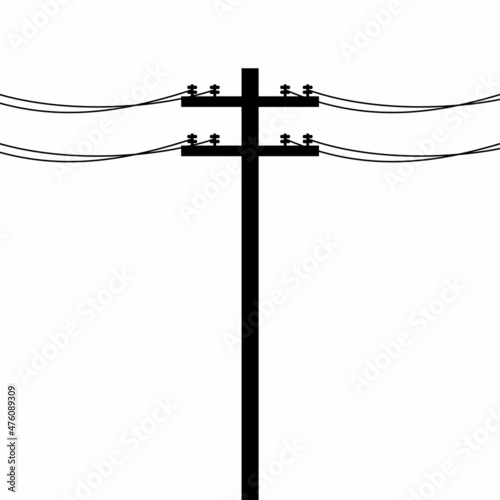 Electric pole icon isolated on white background. Power lines silhouette, Electric power transmission. Utility pole Electricity concept. High voltage wires, Vector illustration