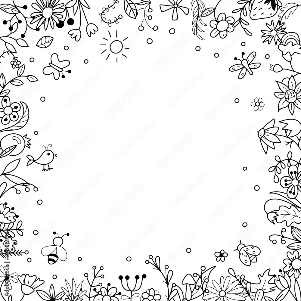 Doodle illustration. Flowers, twigs, insects. Hand-drawn. Vector illustration