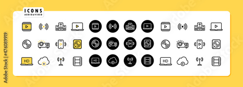 Live streaming icon set. Music and video online stream. Vector line icon for Business and Advertising