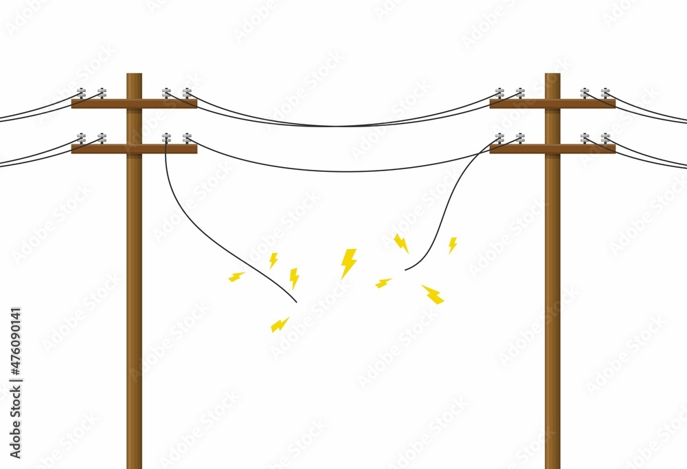 Broken electric pole damaged short circuit with spark. Wood power lines, Electric power transmission. Utility pole Electricity concept. High voltage wires, Vector illustration - obrazy, fototapety, plakaty 