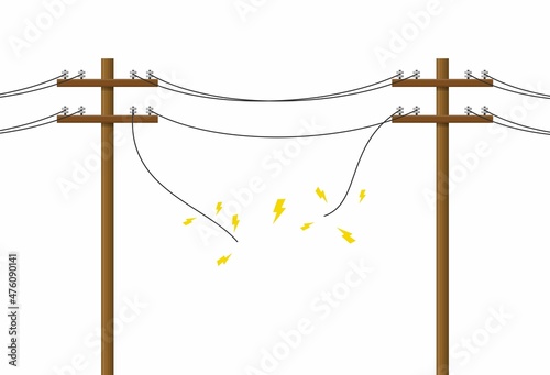 Broken electric pole damaged short circuit with spark. Wood power lines, Electric power transmission. Utility pole Electricity concept. High voltage wires, Vector illustration