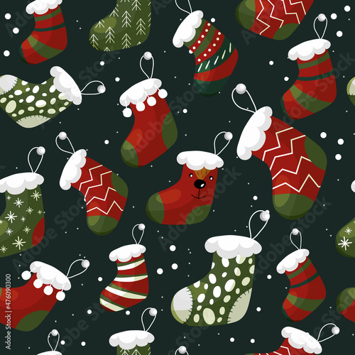 Christmas seamless pattern. Vector illustration of a cartoon. A sock as a gift over the fireplace. Cute postcard for the New Year holiday.  Christmas. A set of New Year and Christmas socks.