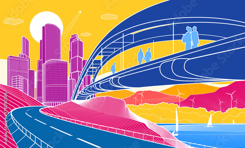 City infrastructure industrial and cityscape colorful illustration. People walk across the river bridge. Automobile road in mountains. White lines on color background. Vector design outline art