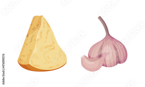 Ingredients for risotto cooking set. Parmesan cheese and garlic vector illustration