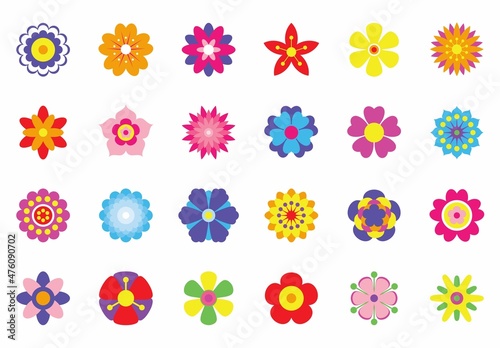Set of flat spring flower icons isolated on white background. Simple colorful floral icons in bright colors. Decorative flower silhouette collection. Different shape and various colors clipart vector