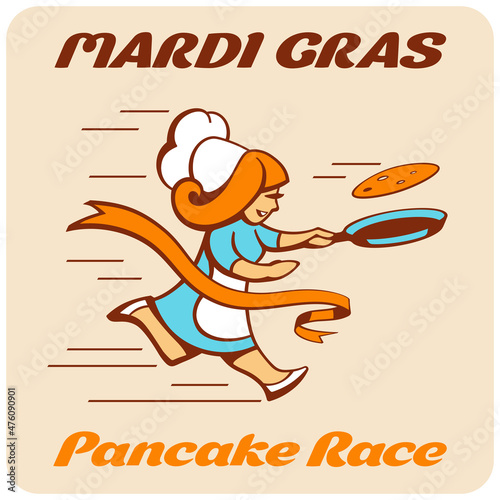 Pancake race. Shrove Tuesday competition. Funny housewife runs to finish line, flipping thin flapjack in a frying pan. Original vector logo for celebration of Pancake Day. Square printable sticker