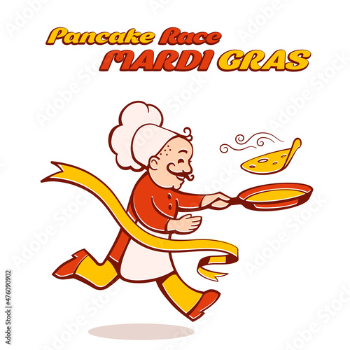 Pancake race. Mardi Gras. Running chef flips a pancake in frying pan reaches the finish line during Shrove Tuesday festival. Hand drawn funny cook in chef's hat taking the win. Cartoon vector sticker