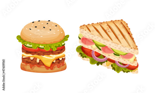 Sandwiches set. Burger and toasted wheaten bread with various ingredients vector illustration