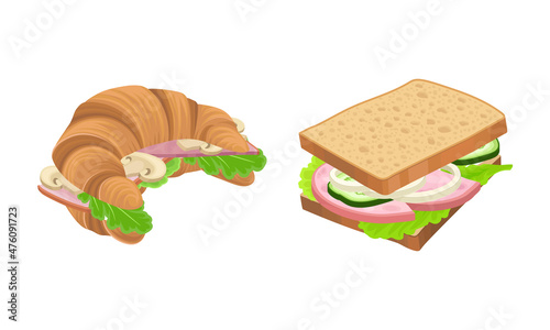 Sandwiches set. Stuffed croissant and wheaten bread with various ingredients vector illustration