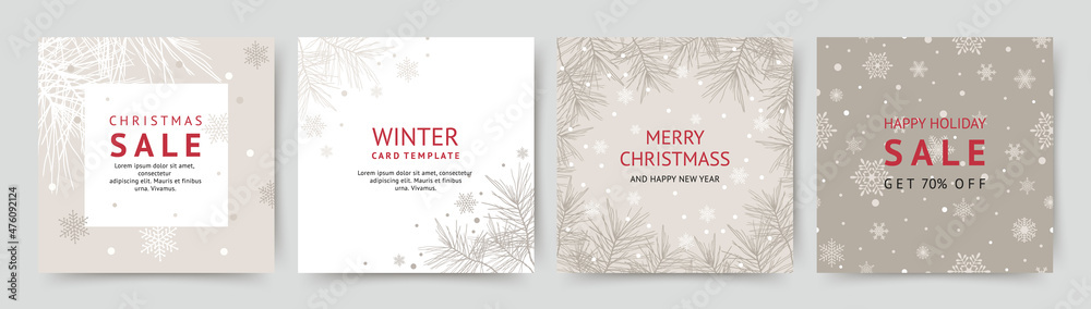 Winter holidays square templates.Winter sale social media post frame. Merry Christmas and Happy New Year set of backgrounds, greeting cards, posters, covers. Vector illustration  - obrazy, fototapety, plakaty 
