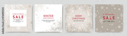 Winter holidays square templates.Winter sale social media post frame. Merry Christmas and Happy New Year set of backgrounds, greeting cards, posters, covers. Vector illustration 