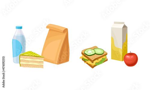Takeaway food set. Cake, sandwich and drinks, pupils snack meal vector illustration