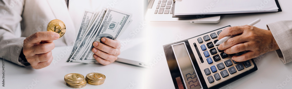 Businessman putting bitcoin into piggy bank and using calculator to analysis business investment with many document graph data, CryptoCurrency Financial Concept.bit Businessman putting bitcoin into piggy bank and using calculator to analysis business investment with many document graph data, CryptoCurrency Financial Concept.bit