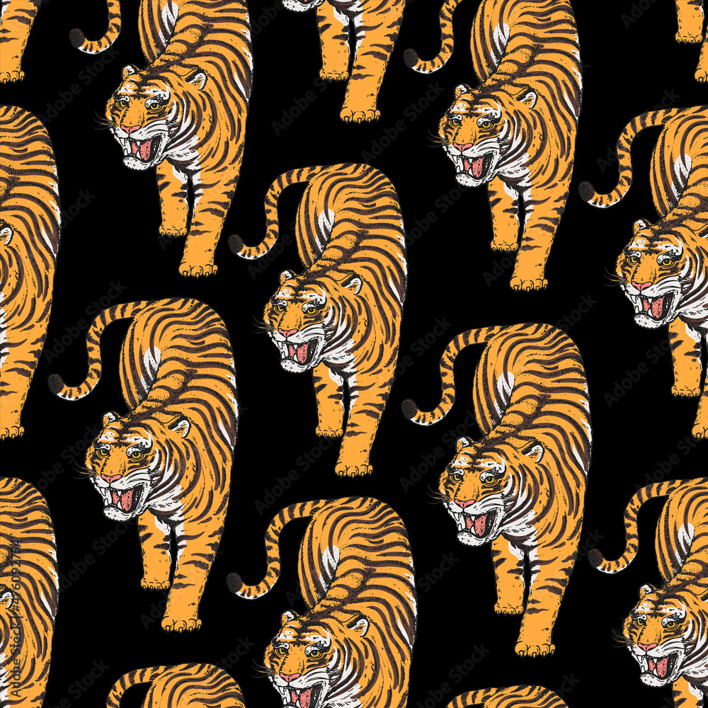 Obraz premium Tiger seamless pattern. Tiger climbing down sketch. Vintage background with wild cat. Hand drawn vector illustration.