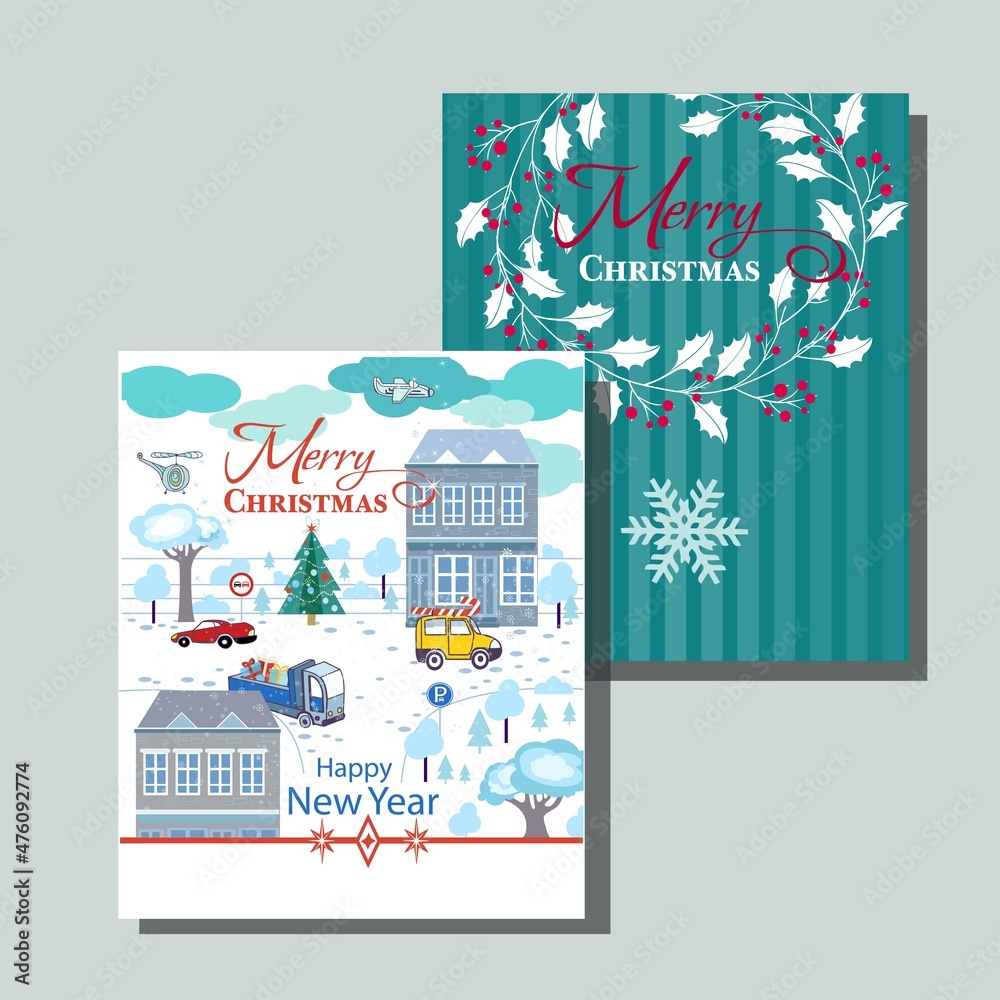 merry christmas and happy new year card with city, buildings, cars on the road, christmas tree and gifts, 