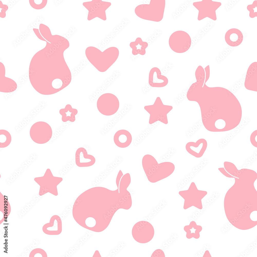 seamless pattern pink rabbit, heart and other cute elements on a white background. cute baby light pink pattern for wrapping paper, textile, wallpaper