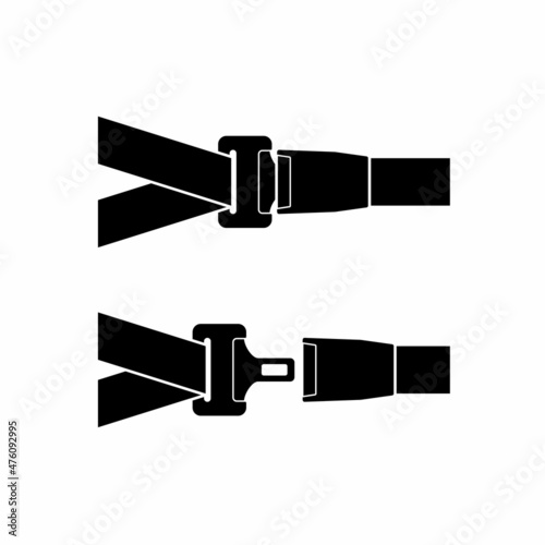 Unblocked and blocked driver and passengers seat belt icon with fastener and black strap on white background. Safety belt for protection. Safety equipment for car and plane. Lifesaver