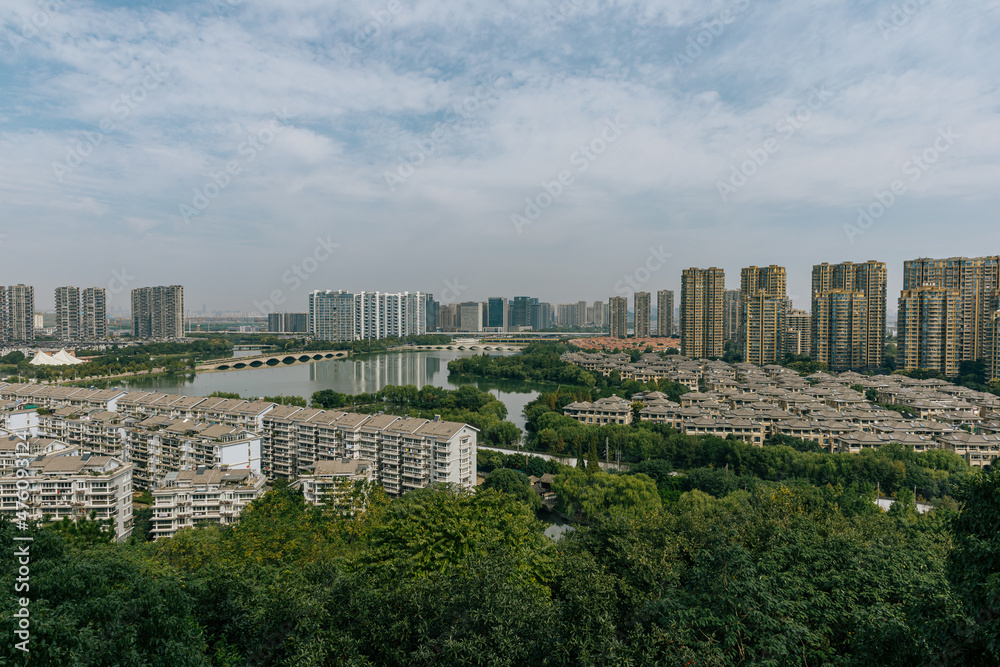 Fototapeta premium water city Shaoxing wupeng boat and landmark buildings