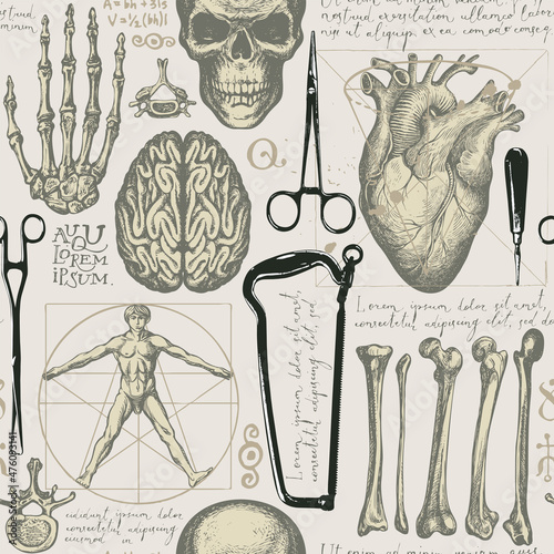 Vintage seamless pattern with hand-drawn human organs, bones, skull, surgical instruments and handwritten text lorem ipsum on an old paper backdrop. Vector background with sketches on a medical theme