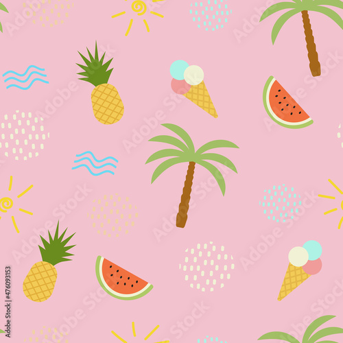 seamless pattern of summer flat elements on a pink background. cute doodle pattern of palm, pineapple, watermelon, sea waves, ice cream. pattern for wrapping paper, textile, wallpaper
